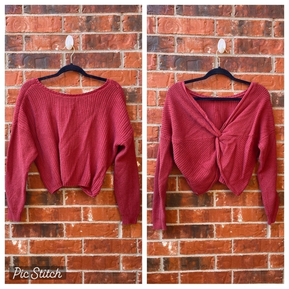 Hollister Womens Large Red Twist Back Waffle Knit Cropped Sweater